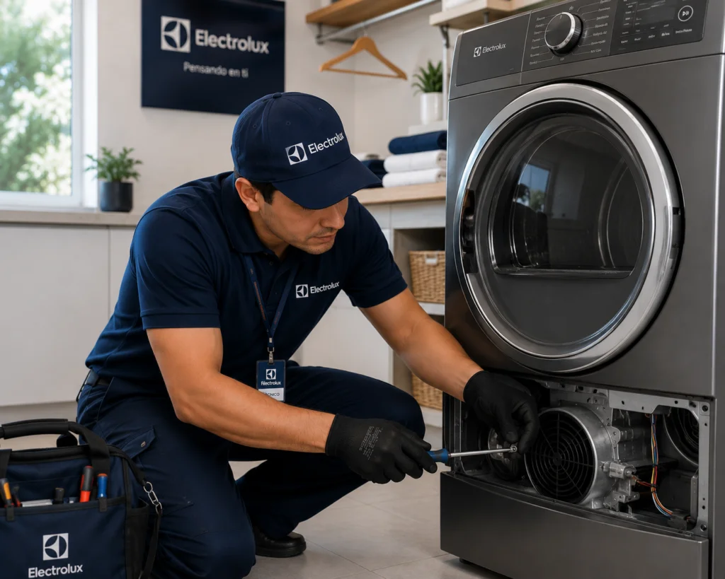 Técnico Electrolux reparando el sistema interno de un electrodoméstico Inverter con repuestos originales OEM